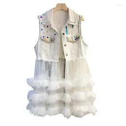 Women's Vests White Pink Diamonds Rivet Frayed Pocket Mesh Splicing Denim Vest Women Cowboy Waistcoat Slim Sleeveless Jacket Female