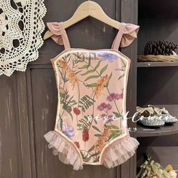 One-Pieces ldrens swimsuit suspender little girl summer baby bikini double-sided ldrens lace swimsuit pink flowers H240508