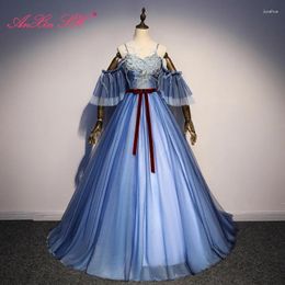Party Dresses AnXin SH Luxury Blue Lace Flower Vintage Princess Stage Boat Neck Red Bow Ruffles Feather Sleeve Host Bride Evening Dress