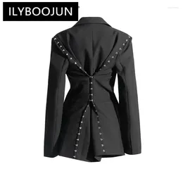 Women's Suits ILYBOOJUN Minimalist Blazers For Women Notched Collar Long Sleeve Tunic Temperament Blazer Female Fashion Style Clothing