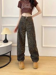 Women's Pants Capris Loose Y2k leopard print jeans for women elegant Korean style high waisted denim Trousers street clothing bags fashionable Q240508
