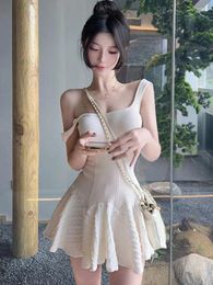 Casual Dresses Sweet Fashion Fishbone Sling Dress Women Sleeveless Collarbone Flounce Spicy Girl Solid Elastic Slim Summer Female Chic Wear