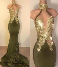 Sexy Mermaid Olive Green Prom Dresses Halter Neck Gold Appliques Backless Stretchy Satin Long Evening Gowns Vestidos Custom Made P7362205