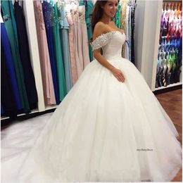 New Beads Crystal Off the Shoulder Sweetheart Lace White Ball Dresses for brides Puffy Wedding Gowns 0509