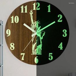Wall Clocks 12 Inch Modern Wood Grain Luminous Clock With Statue Of Pattern Living Room Decoration Art Watch