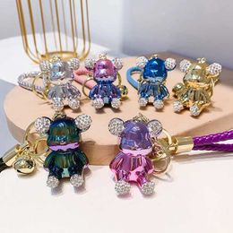 Keychains Lanyards Cute Electroplated Bear Key Chain with Woven Leather Rope Pendant Animal Keychain Fashion Doll Bag Auto Key Ring For Girls Gift J240509
