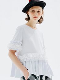 Women's T Shirts Imakokoni White Mesh Lace Round Neck Short Sleeve T-shirt Summer 2024 Loose Thin Model 234195