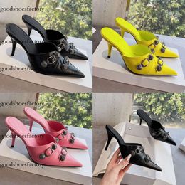 Pointed Black Toe Mule Sandals Studded Buckle Embellished Slip Slides Original edition