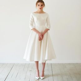 Simple Tea Length Satin Short Wedding Dress Modest With 3 4 Sleeves Boat Neck A-line 50S 60s Informal Bridal Gowns Short 305p