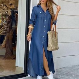 Basic Casual Dresses Autumn long skirt long sleeved womens denim long skirt pocket button up shirt printed casual loose fitting dress XW