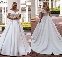 V Neck Off Shoulder A Line Wedding Dresses Simple White Satin Elegant Bridal Gowns Boho Garden Plus Size Vestidos De Novia Sweep Train Lace-up Back Bride Robes 0509