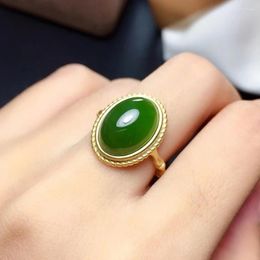 Cluster Rings Vintage Silver Jade Ring With 3 Layers 18K Yellow Gold Plating10mm 14mm Natural Green For Party Woman Gift