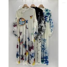 Casual Dresses Miyake Pleated Dress 2024 Print Irregular Fashion Medium Length Summer Women's Clothing