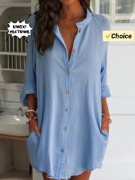 Women's Blouses 2024 Summer Fashion Resort Style Elegant Cotton Linen Shirt Solid Colour Single Breasted Pocket Beach Sunscreen