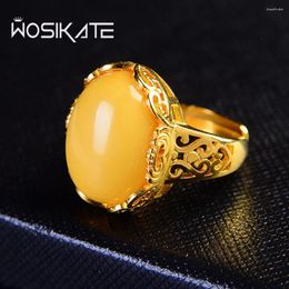Cluster Rings WOSIKATE Vintage Ethnic Style Beeswax Ring For Women With Natural Amber Gold Plated Fashion Jewellery Finger Open Size