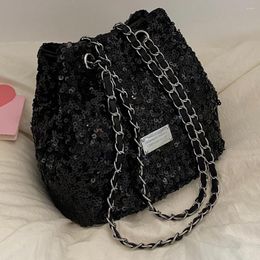 Shoulder Bags Women Small Lightweight Chain Decor Handbag Fashion Bling Adjustable Straps Bucket Bag Cylinder