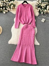 Work Dresses SINGREINY Thick Warm Two Piece Knt Set Women Long Sleeev Pullover Elastic Waist Skirt Casual Slim Winter Sweater Suit