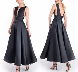 Party Dresses Sexy Open Back Black Formal Evening Dress Jewel Neck Sleeveless Ankle Length Satin Prom Gowns Vestidos De Noche