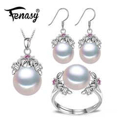 Fenasy 925 Sterling Silver Natural Pearl Ruby Jewellery Sets For Women Vintage Dangle Earrings Bohemian Flower Necklace J1907188075582