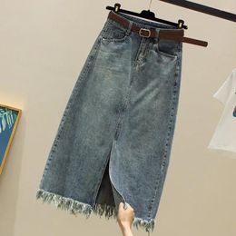 Skirts Split Denim Skirt Female 2024 Spring Summer High Waisted Package Hipa-line Mid Length Jeans Long For Women F87