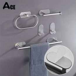Set No Drilling Selfadhesive Black Towel Bar Holder Robe Hook Toilet Paper Rack Brushed Gold Bathroom Hardware Accessories Set