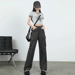 Women's Pants Capris American retro high street trend loose fitting workwear womens gray pocket button spring waisted straight Trousers Q240508