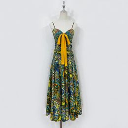 Women's Dress cotton floral print gathered waist sleeveless slip midi dress