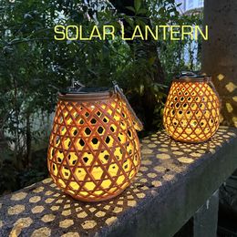 Outdoor Lighting Solar Lantern Night Lights Waterproof Hanging Imitation Bamboo Weaving Table Lamp For Garden Party Decoration 240508