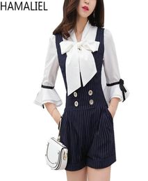 Business Summer Women 2 Piece Set New Formal Chiffon Flare Sleeve Bow Collar Blouse Blue Striped Straps Short Pants Suits T200325435740