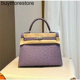 Top Cowhide Handbag Handmade Ostrich Skin Lavender Purple Bag 25Cm Premium Bag Silver Button Hand SewnP69A