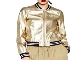 New Metal Textured Women Baseball Tops Golden Silver Bright PU Faux Leather Bomber Jacket Windbreaker Outerwear Leren Jas Dames1821324229