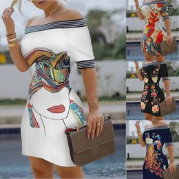 Casual Dresses Off Shoulder Fashion Print Vintage Women Dress Summer Slim Sexy Party Pencil Short Sleeve Female Elegant Vestido