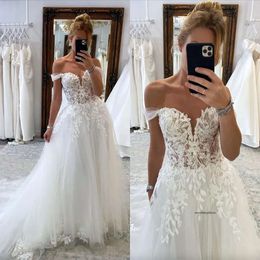 Boho Lace A Line Wedding Dresses Off Shoulder Appliques Sweep Train designer wedding bridal gowns 0509