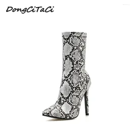 Boots N Autumn Women Ankle Shoes Woman Wedding Party High Heel Pumps Female Snakeskin Print Leather Short Booties 35-42