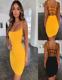 Women Bodycon Dress Sexy Backless Hollow Out Summer Spaghetti Strap Solid Elastic Plus Size S XL Casual Fashion Europen American 9829132
