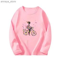 T-shirts 3-14Y Girls Pink Sweet T-shirt Girls Autumn Long sleeved T-shirt Childrens T-shirt Top Cute Bicycle Graphic T-shirtL2405