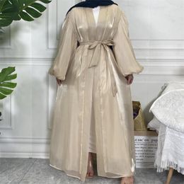 Ethnic Clothing Eid Mubarak Shiny Satin Open Abaya Kimono Femme Musulmane Puff Sleeve Muslim Hijab Dresses Islamic Abayas For Women Dubai