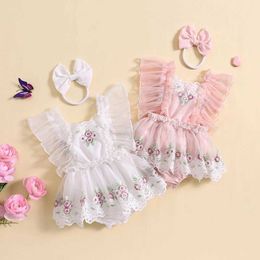 Rompers Infant Baby Girl Romper Dress Lace Flower Embroidery Tutu Princess 1-Piece Bodysuit Cake Smash Outfit Photo Shoot H240508