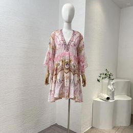 Casual Dresses Spring Summer Silk Pink Diamonds Pressed Floral Print Wrist Sleeve V Neck Mini Dress High Quality 2024 Fashion Elegant