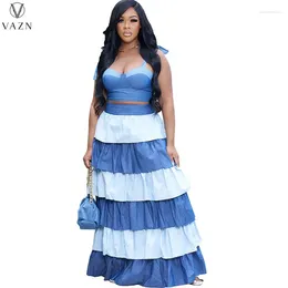 Work Dresses VAZN 2024 S High-end Young Patchwork Sexy Holiday Chiffon Sweet Bikini Top Long Ball Gown Skirts Women 2 Piece Set