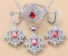 Elegant Women Wedding Costume Jewelry Sets Natural Stone Red Garnet Dangle Earrings And Necklace Ring Bridal Sets H10228313440