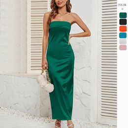 Casual Dresses Glossy Satin Women's Dress Sleveeless Strapless Back Hollow Out Elegant Party Evening Maxi For Women Summer Clothing