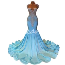 Elegant Aso Ebi Prom Dress Sexy Sheer Top Luxury Diamond Light Blue African Evening Gowns Open Back Formal Party Dress 2024 Black Girls Birthday Vestios De Fiesta Chic