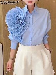 Women's Blouses Elegant Fashion Pleated Flower Shirt Top For Women Early Autumn Blouse Versatile Casual Mid-Length Polo Collar