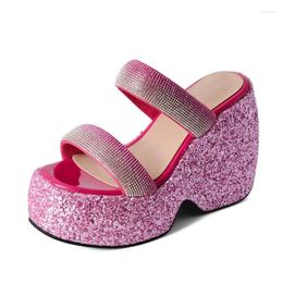 Sandals Women's Grainy Sequin Wedge Slip On Rhinestone Strappy Summer Shoes 2024 Bling Comfy Flatform Heels Stylish Slippers