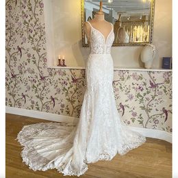 Exquisite Boho Mermaid Wedding Dresses Custom For Women Bride Sexy V-Neck Spaghetti Straps Backless Button Lace Appliques Sweep