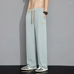 Men's Pants Summer Thin Trendy Loose Versatile Straight Solid Patchwork Elastic Waist Drawstring Pocket Casual Wide Leg Trousers