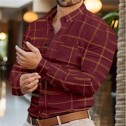 Men's Casual Shirts 2024 Long Sleeve Shirt Button Lapel Tops Autumn Fashion 3D Print Pattern Stripe Party
