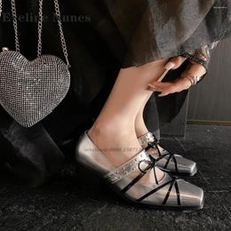 Dress Shoes Bow Cross Tied Rivet Pumps Square Toe Chunky Heels Belt Buckle Shallow Mary Janes Patchwork Bicolor Sweet Cool Style 2024