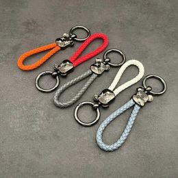 Keychains Lanyards Luxury Leather Bear key Chain New Women Men Black Metal Woven Rope Waist Hanging KeyChain Gift Auto Key Ring jewelry J240509